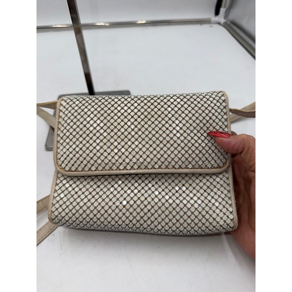 Whiting and Davis Vintage Cream White Metal Mesh Crossbody Bag with Mirror